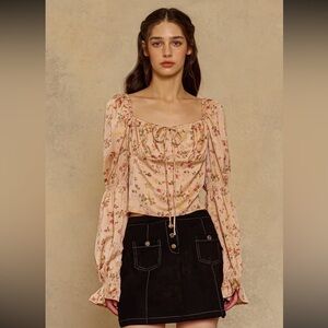 885. Peach blossom lace up puff sleeve top